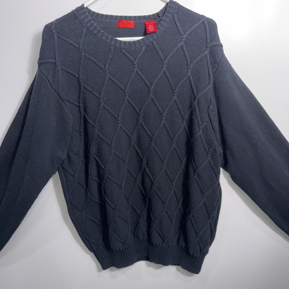 IZOD Men's Knit Sweater Pullover Sz XXL Black Steel Diamonds Design Crew Neck